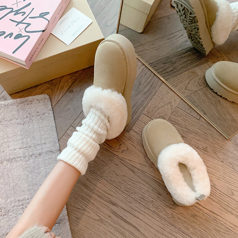 Women's Genuine Leather Platform Fleece-lined Winter Warm Snow Mules