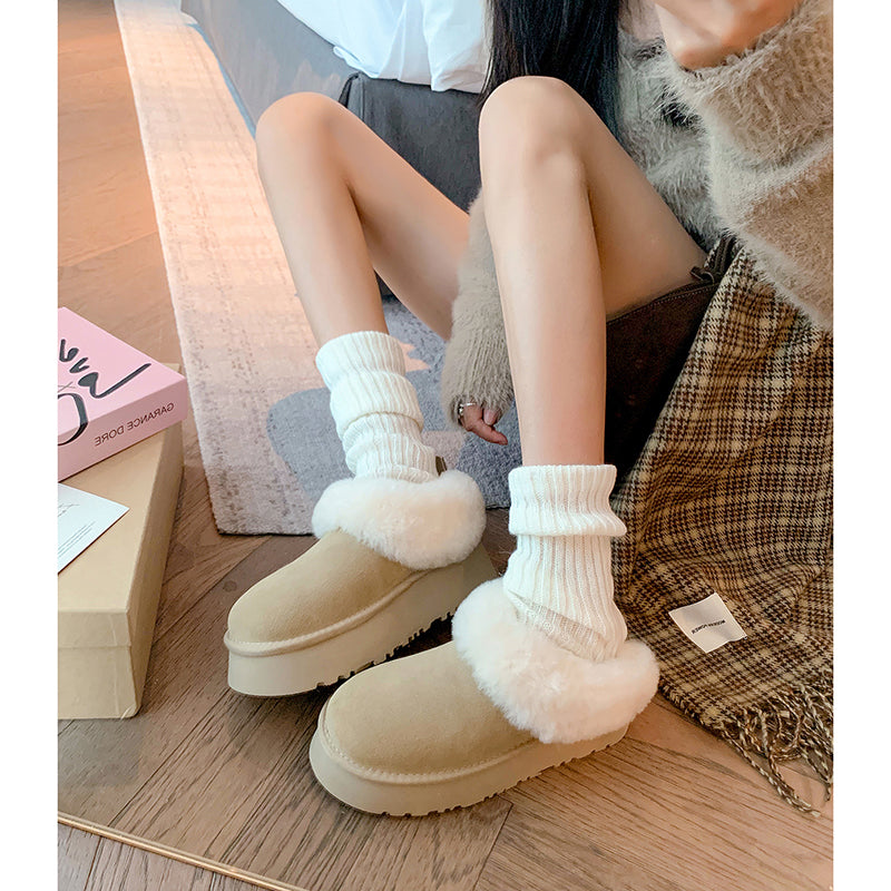 Women's Genuine Leather Platform Fleece-lined Winter Warm Snow Mules