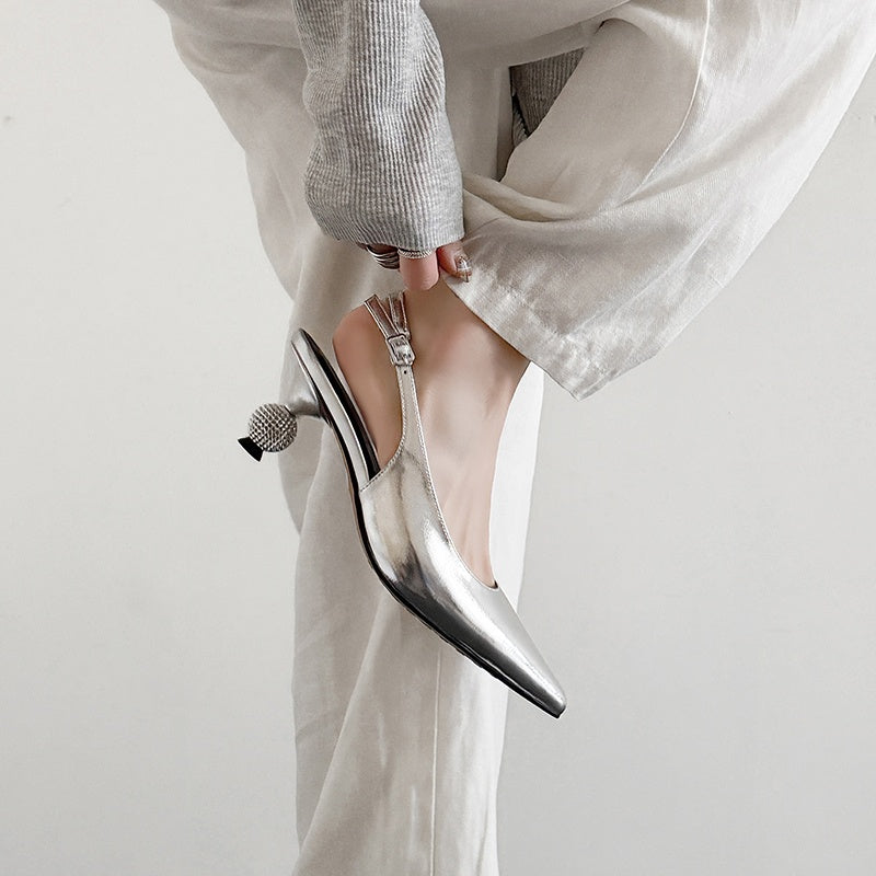 Women’s Luxury Pointed Toe Slingback Heels with Rhinestones – Elegant Sandals