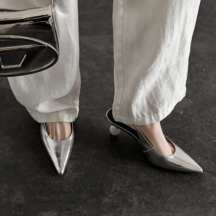 Women’s Luxury Pointed Toe Slingback Heels with Rhinestones – Elegant Sandals