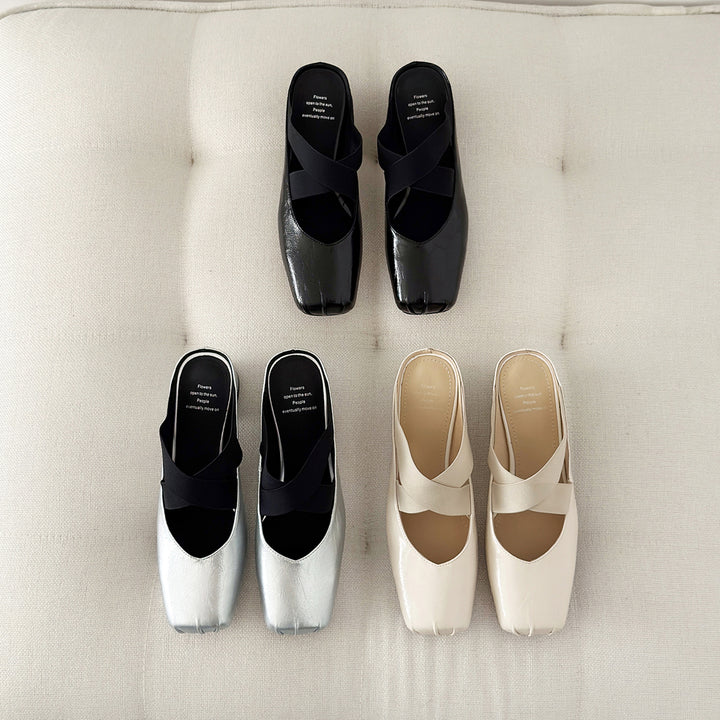 Handmade Sheepskin Cross Strap Mules - Women's Square Toe Mary Jane Block Heels