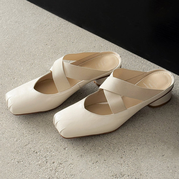 Handmade Sheepskin Cross Strap Mules - Women's Square Toe Mary Jane Block Heels