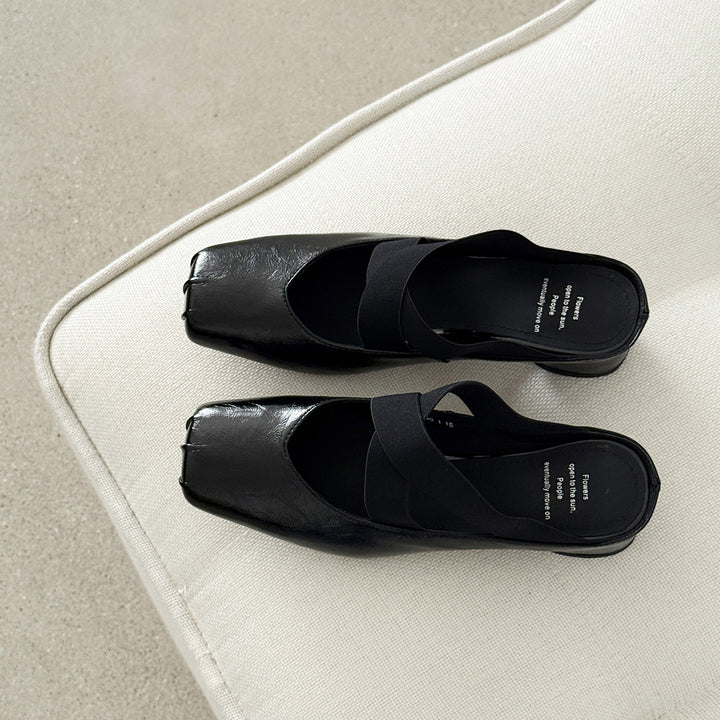 Handmade Sheepskin Cross Strap Mules - Women's Square Toe Mary Jane Block Heels