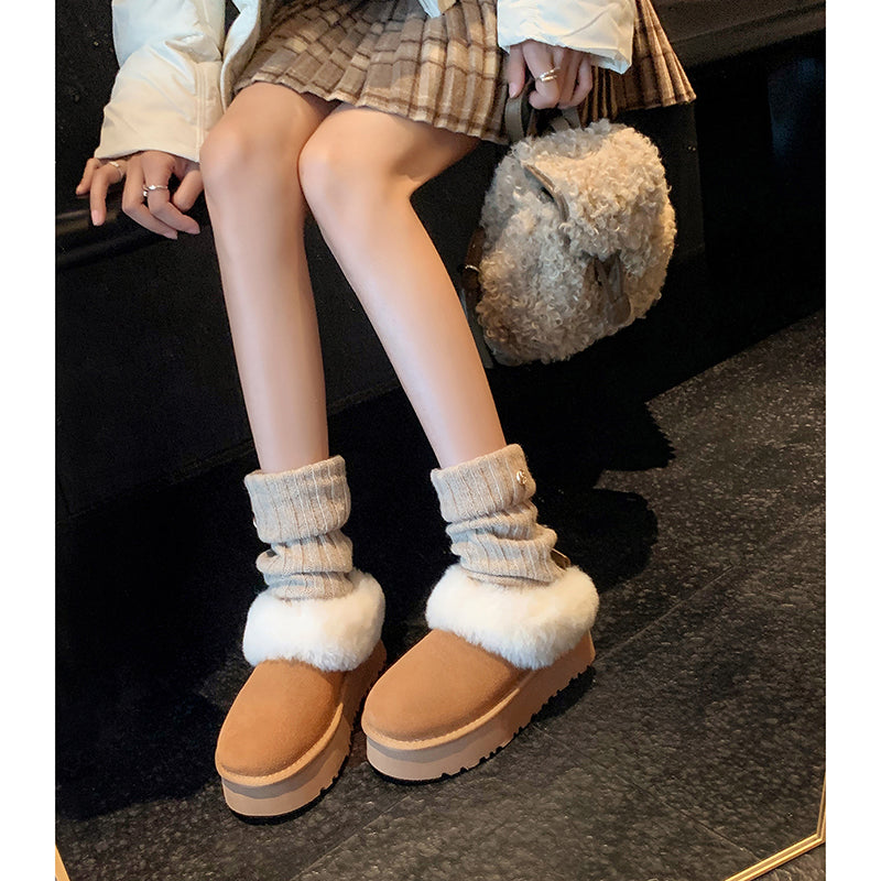 Women's Genuine Leather Platform Fleece-lined Winter Warm Snow Mules