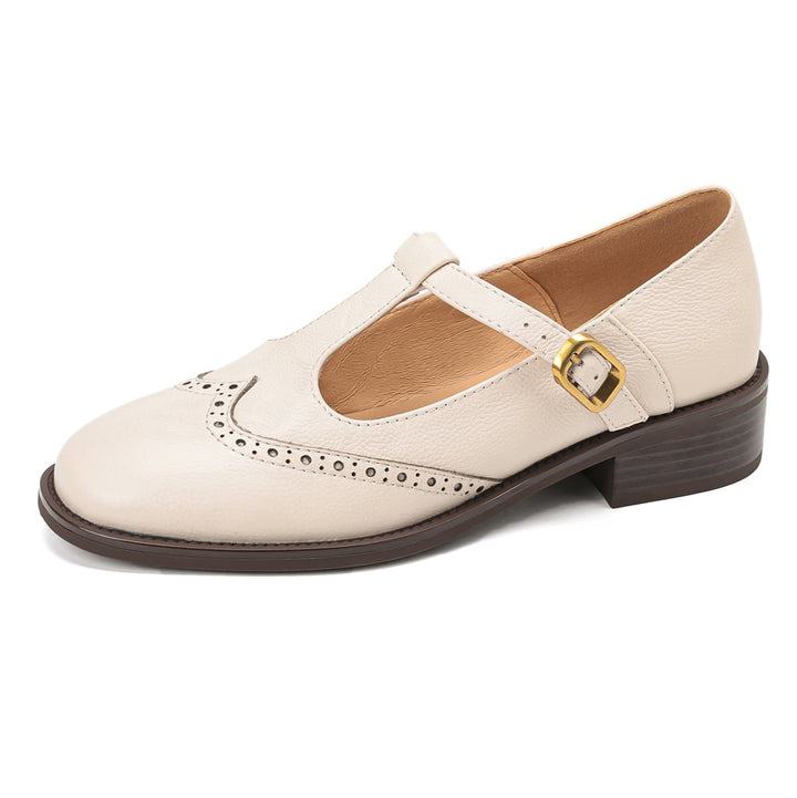 Elegant Women's Leather T-Strap Mary Jane Brogue Shoes – Vintage Low Heel