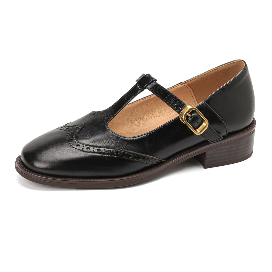 Elegant Women's Leather T-Strap Mary Jane Brogue Shoes – Vintage Low Heel