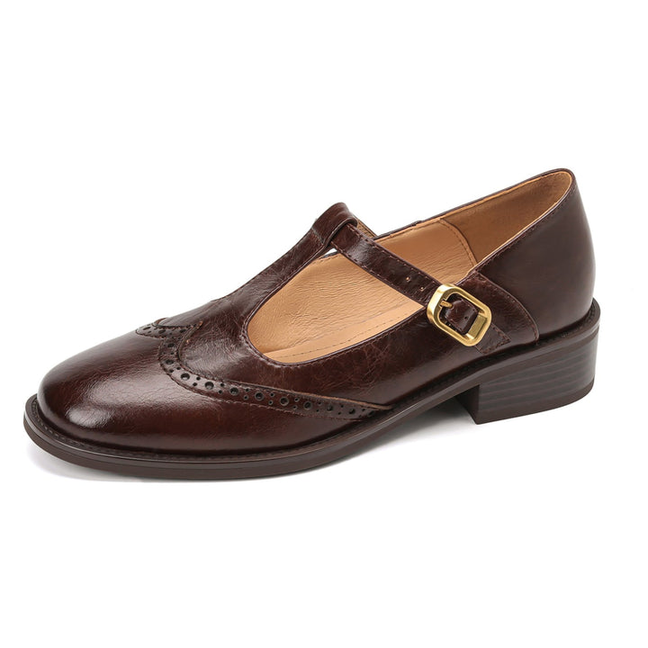 Elegant Women's Leather T-Strap Mary Jane Brogue Shoes – Vintage Low Heel