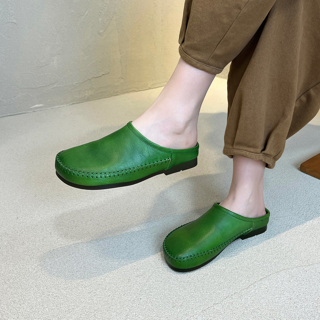Women's Leather Flat Mules - Hand-Stitched Artisanal Design Retro Round Toe