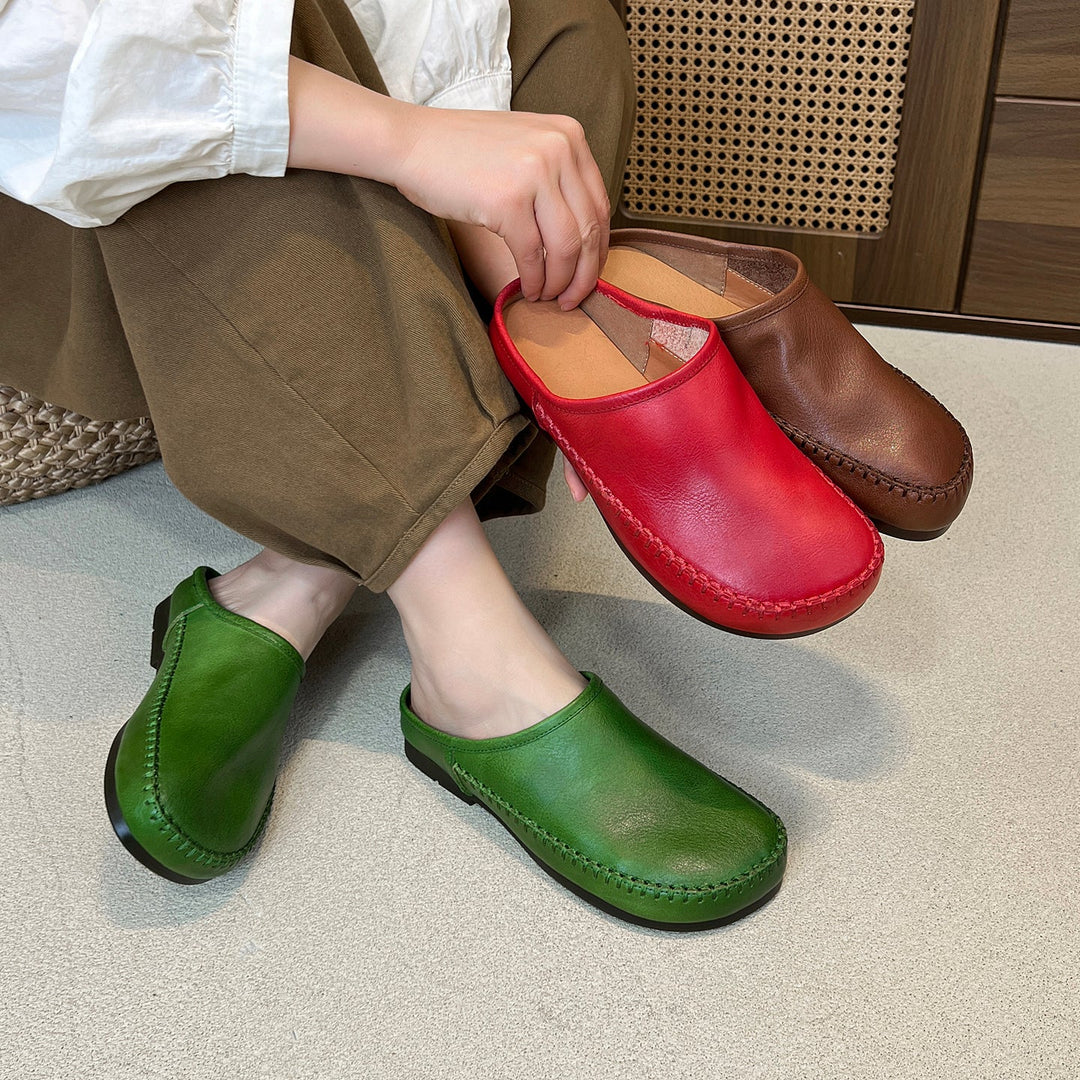 Women's Leather Flat Mules - Hand-Stitched Artisanal Design Retro Round Toe