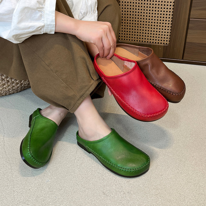 Women's Leather Flat Mules - Hand-Stitched Artisanal Design Retro Round Toe