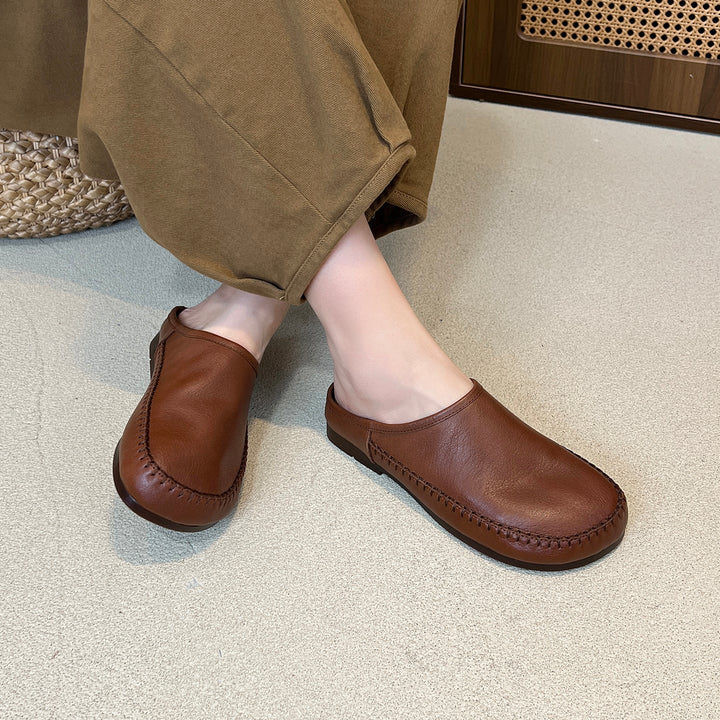 Women's Leather Flat Mules - Hand-Stitched Artisanal Design Retro Round Toe