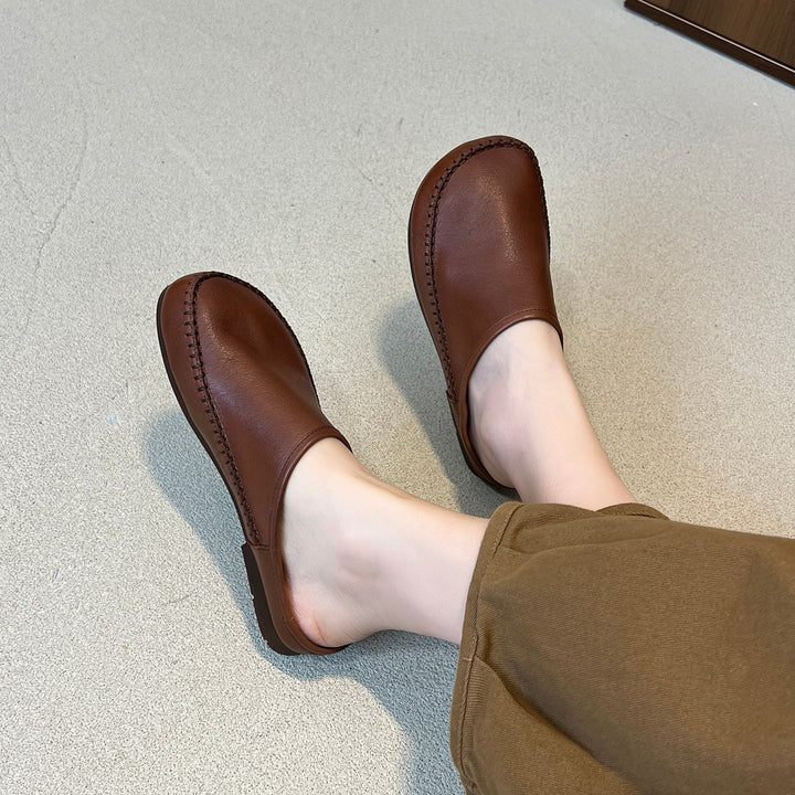 Women's Leather Flat Mules - Hand-Stitched Artisanal Design Retro Round Toe