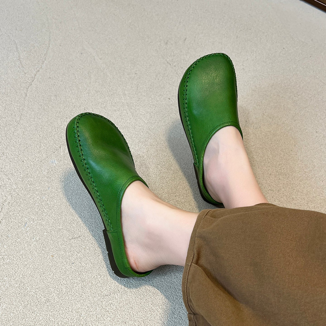 Women's Leather Flat Mules - Hand-Stitched Artisanal Design Retro Round Toe