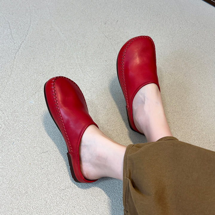 Women's Leather Flat Mules - Hand-Stitched Artisanal Design Retro Round Toe