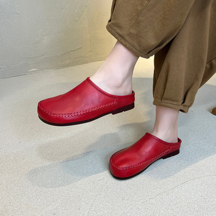 Women's Leather Flat Mules - Hand-Stitched Artisanal Design Retro Round Toe