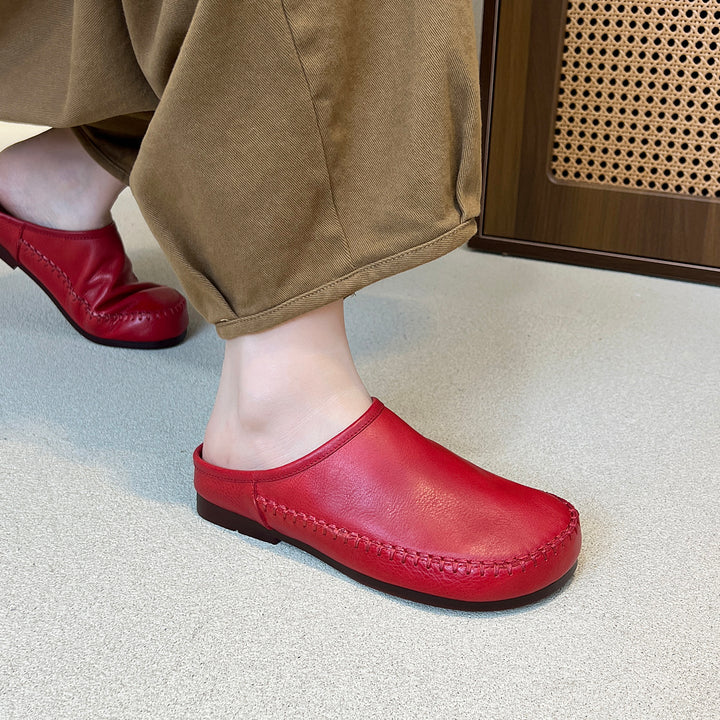 Women's Leather Flat Mules - Hand-Stitched Artisanal Design Retro Round Toe