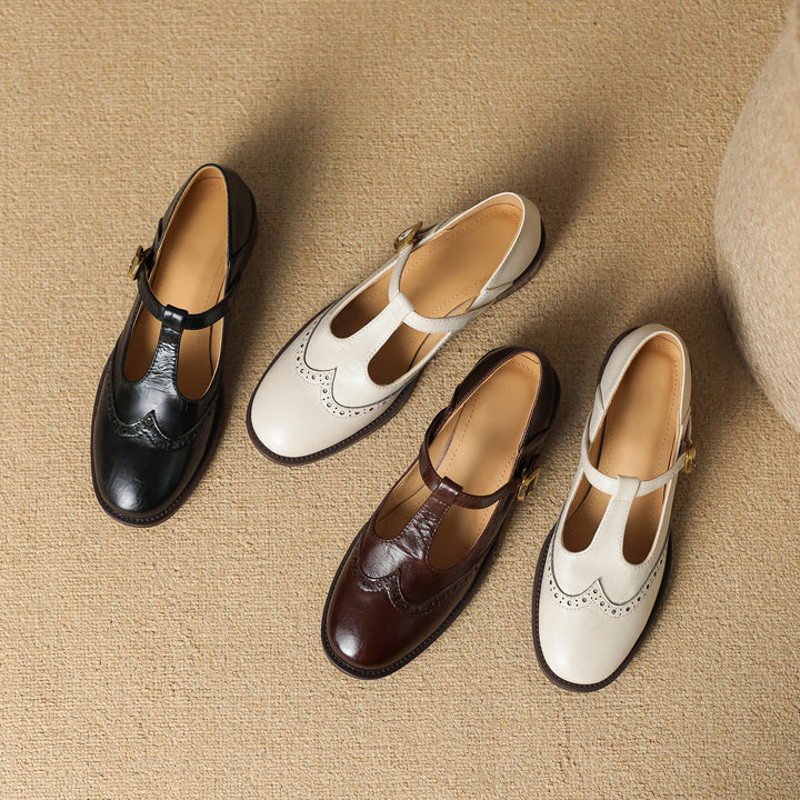 Elegant Women's Leather T-Strap Mary Jane Brogue Shoes – Vintage Low Heel
