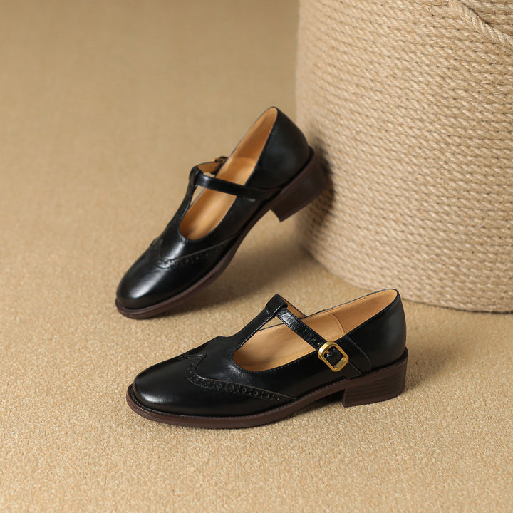 Elegant Women's Leather T-Strap Mary Jane Brogue Shoes – Vintage Low Heel