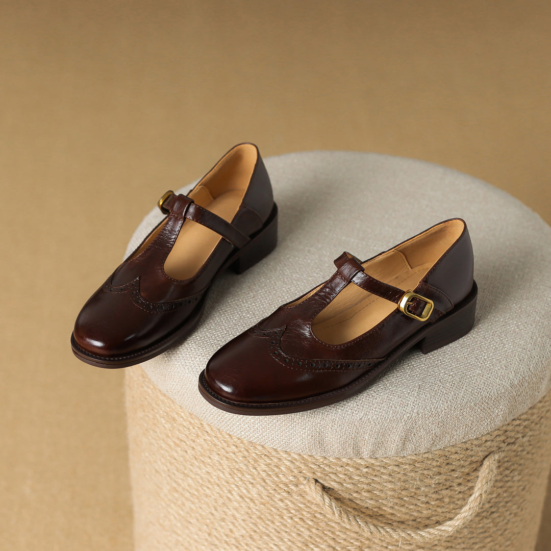 Elegant Women's Leather T-Strap Mary Jane Brogue Shoes – Vintage Low Heel