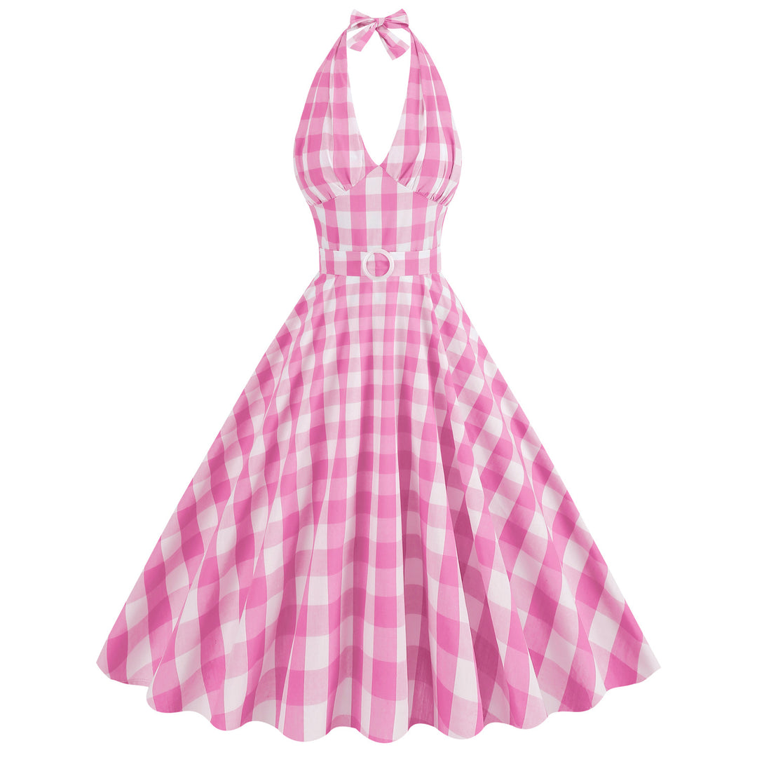 Prom Pink Halter Plaid Sleeveless 1950s Dress With Belt