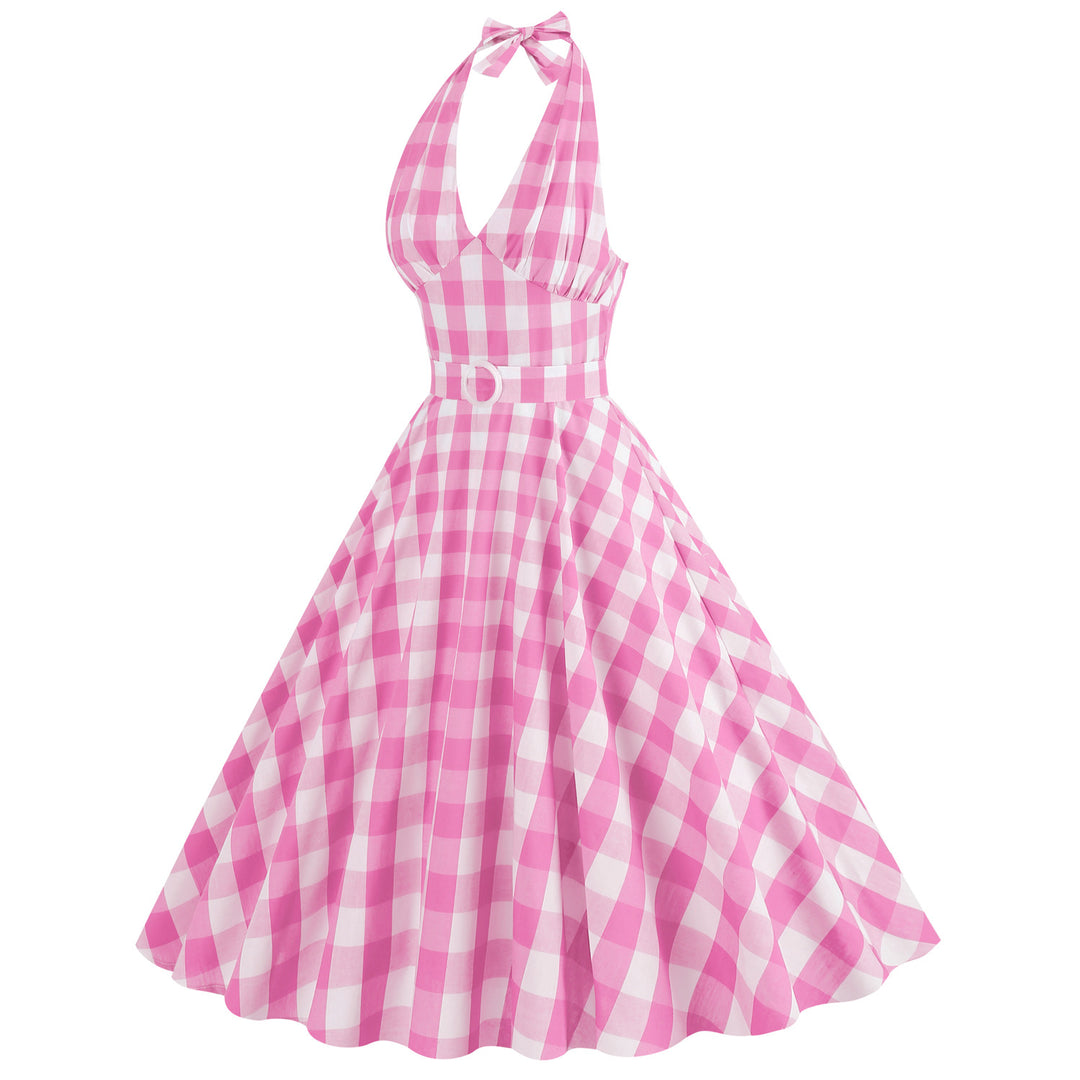 Prom Pink Halter Plaid Sleeveless 1950s Dress With Belt