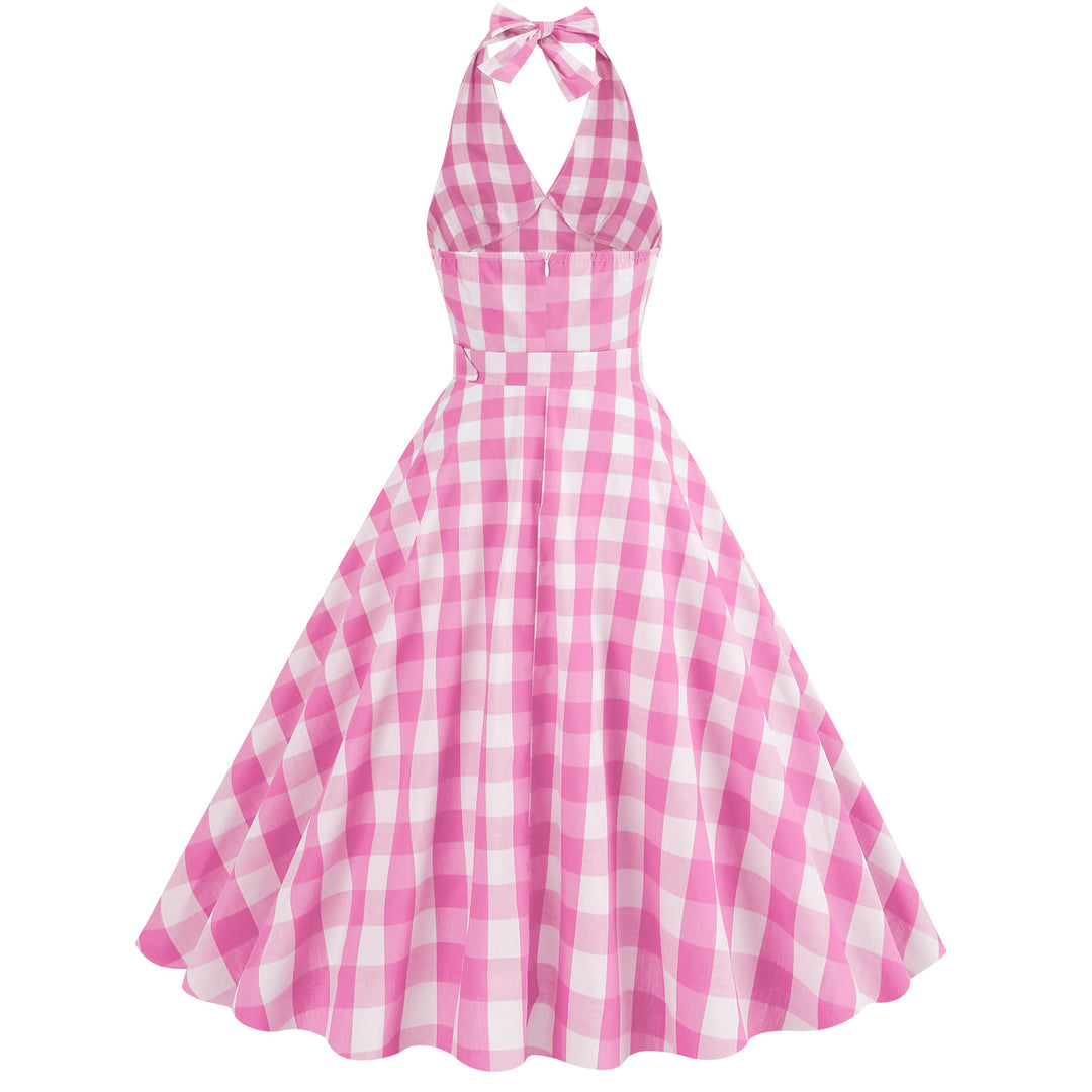 Prom Pink Halter Plaid Sleeveless 1950s Dress With Belt