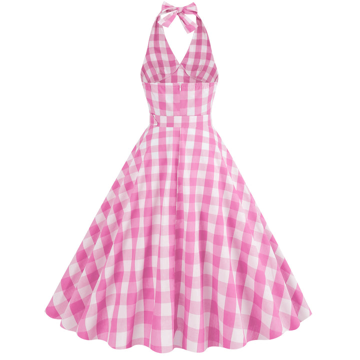 Prom Pink Halter Plaid Sleeveless 1950s Dress With Belt