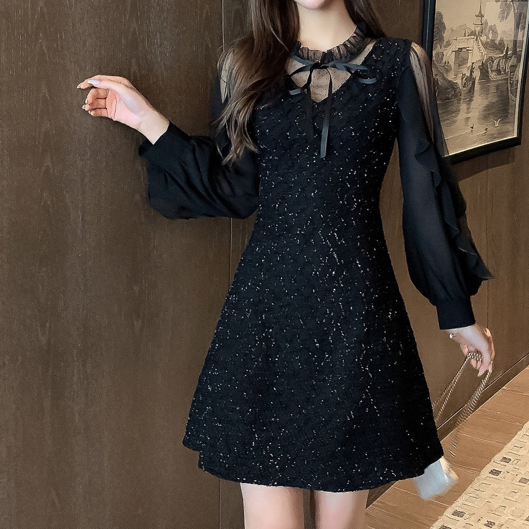 Black Mesh Collar Bow Long-sleeved Dress