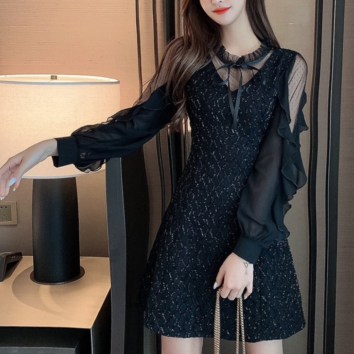 Black Mesh Collar Bow Long-sleeved Dress