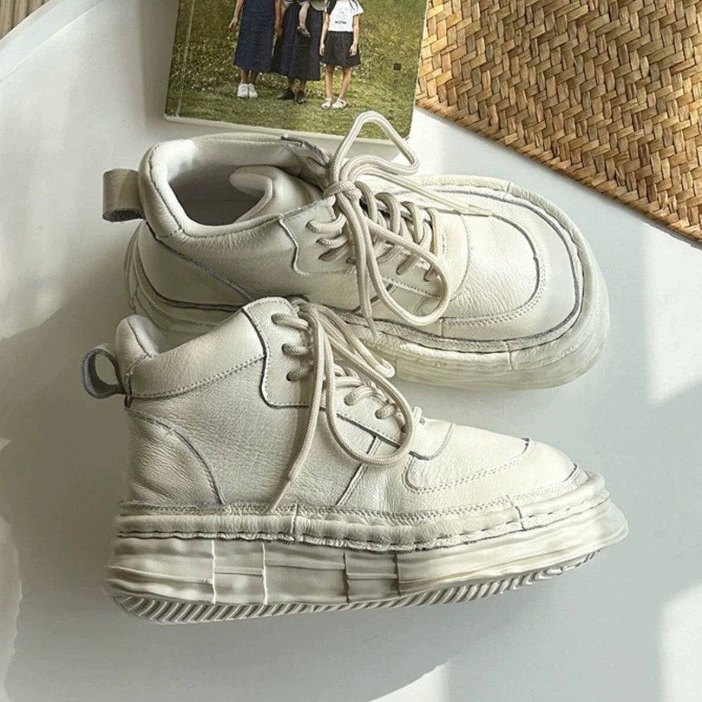 Women Leather Platform Casual Lace-up Boots Chunky Ankle Boots – Ugly-Cute Style