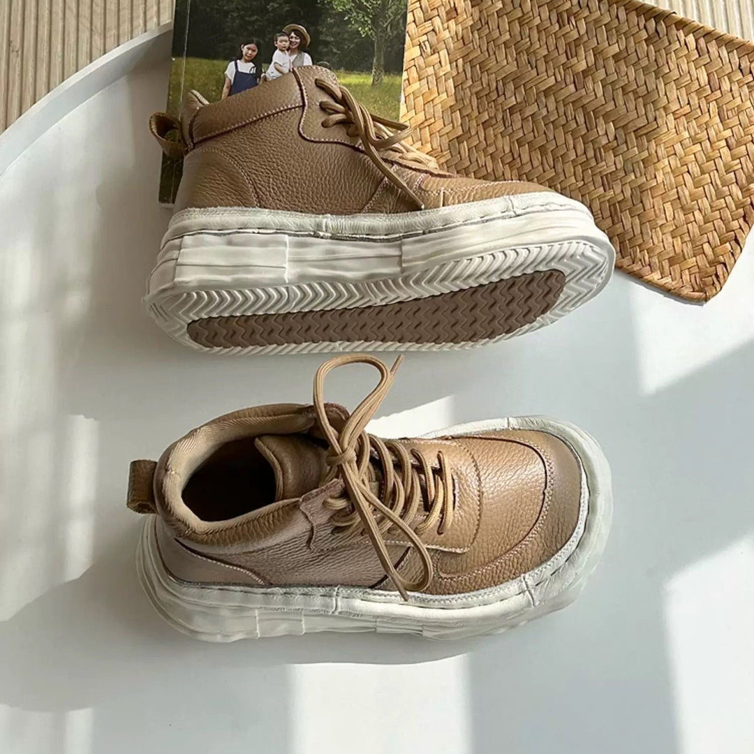 Women Leather Platform Casual Lace-up Boots Chunky Ankle Boots – Ugly-Cute Style