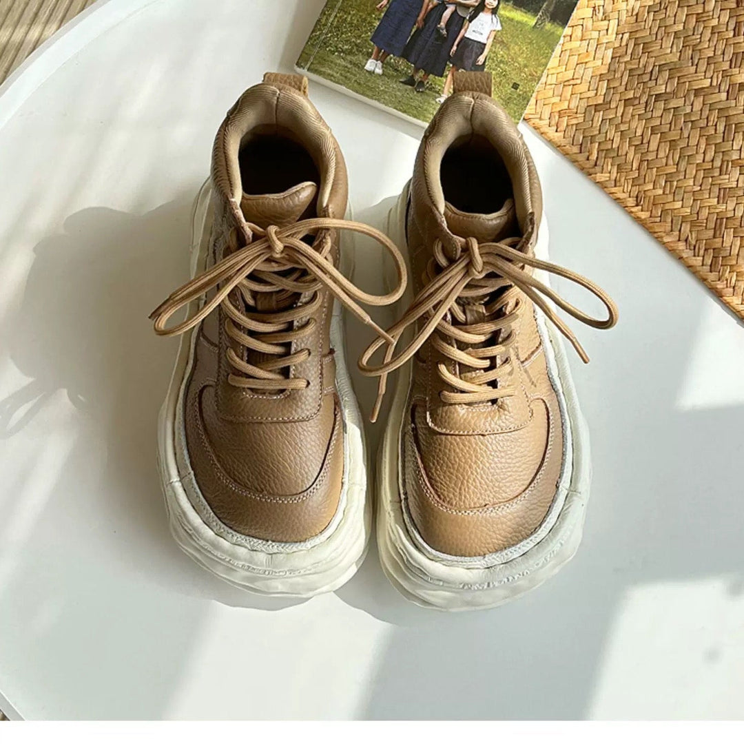 Women Leather Platform Casual Lace-up Boots Chunky Ankle Boots – Ugly-Cute Style