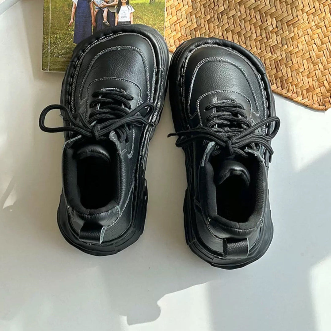 Women Leather Platform Casual Lace-up Boots Chunky Ankle Boots – Ugly-Cute Style