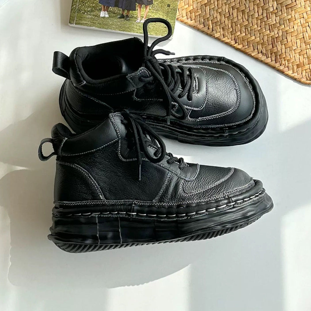 Women Leather Platform Casual Lace-up Boots Chunky Ankle Boots – Ugly-Cute Style
