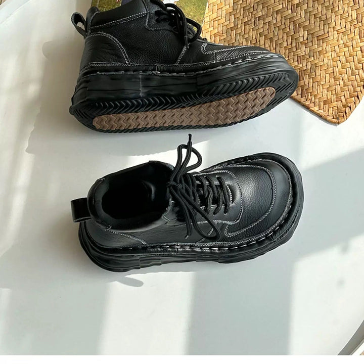 Women Leather Platform Casual Lace-up Boots Chunky Ankle Boots – Ugly-Cute Style