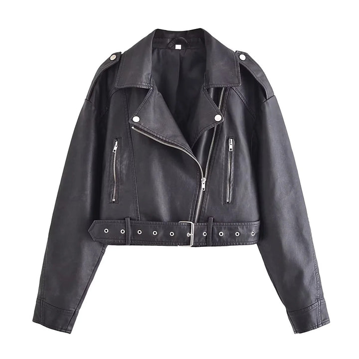 Women's Leather Jacket Bomber Belt Vintage Turn Down Collar Zipper Short Coat
