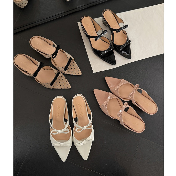 Women's Parisian Chic Lambskin Bow-Knot Mules - Pointed Toe Bow Sandals - Luxury Leather Summer Shoes