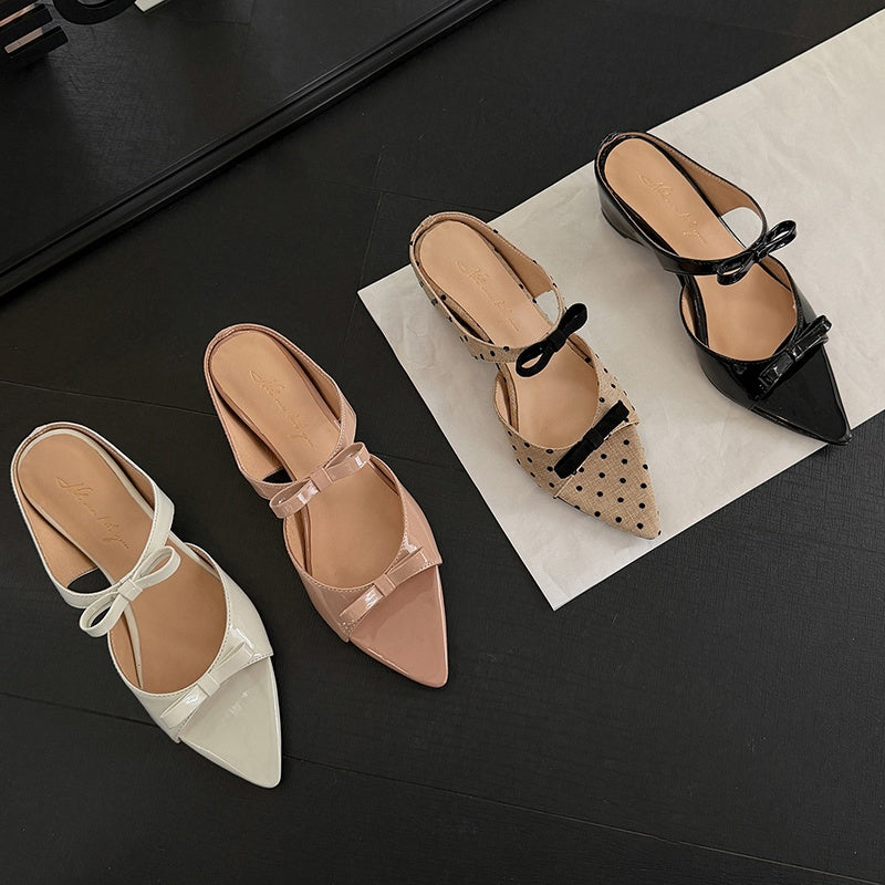 Women's Parisian Chic Lambskin Bow-Knot Mules - Pointed Toe Bow Sandals - Luxury Leather Summer Shoes