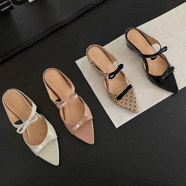 Women's Parisian Chic Lambskin Bow-Knot Mules - Pointed Toe Bow Sandals - Luxury Leather Summer Shoes