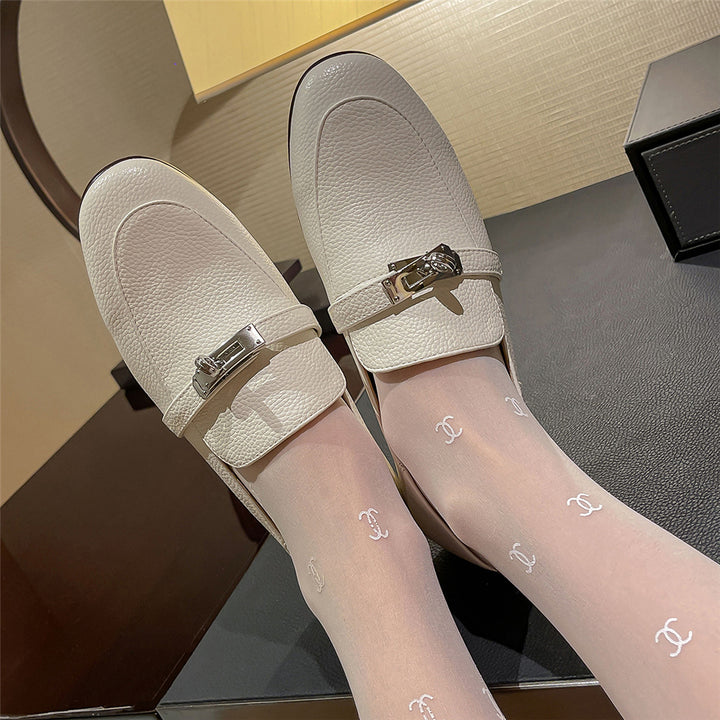 Leather Loafers Metal Locking Women Classic Leather Flat Shoes