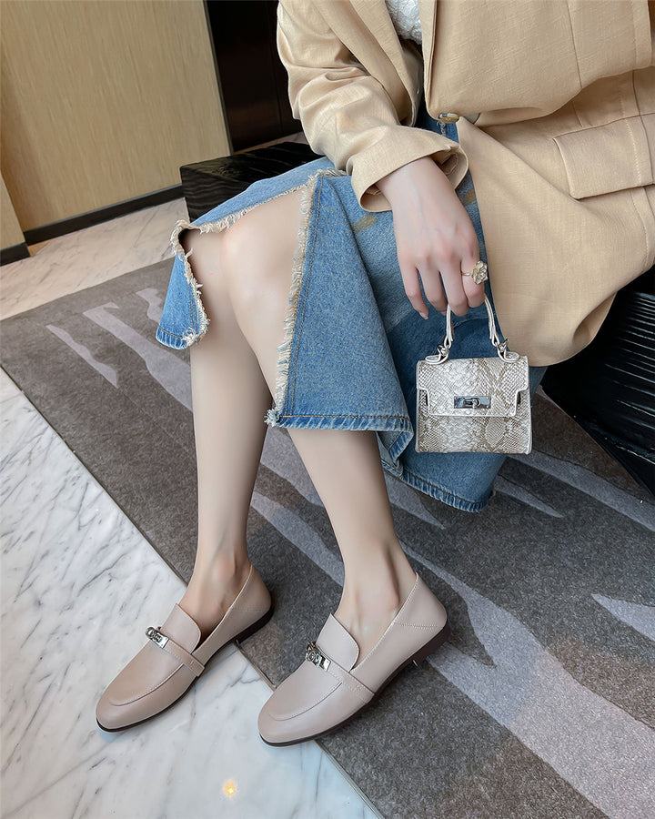 Leather Loafers Metal Locking Women Classic Leather Flat Shoes