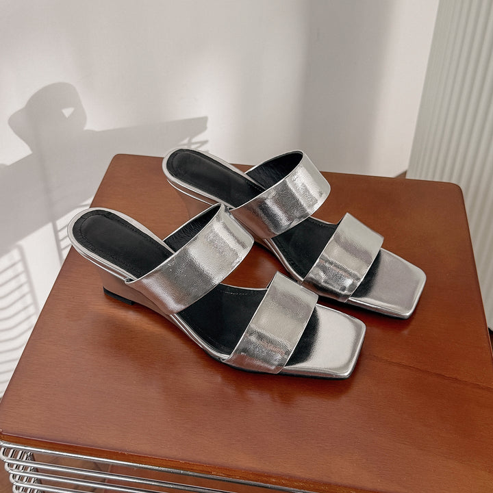 Women's Handcrafted Leather Premium Square Toe Wedge Heel Mules