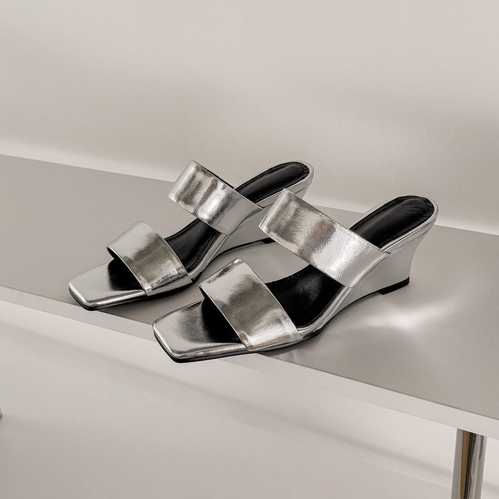 Women's Handcrafted Leather Premium Square Toe Wedge Heel Mules