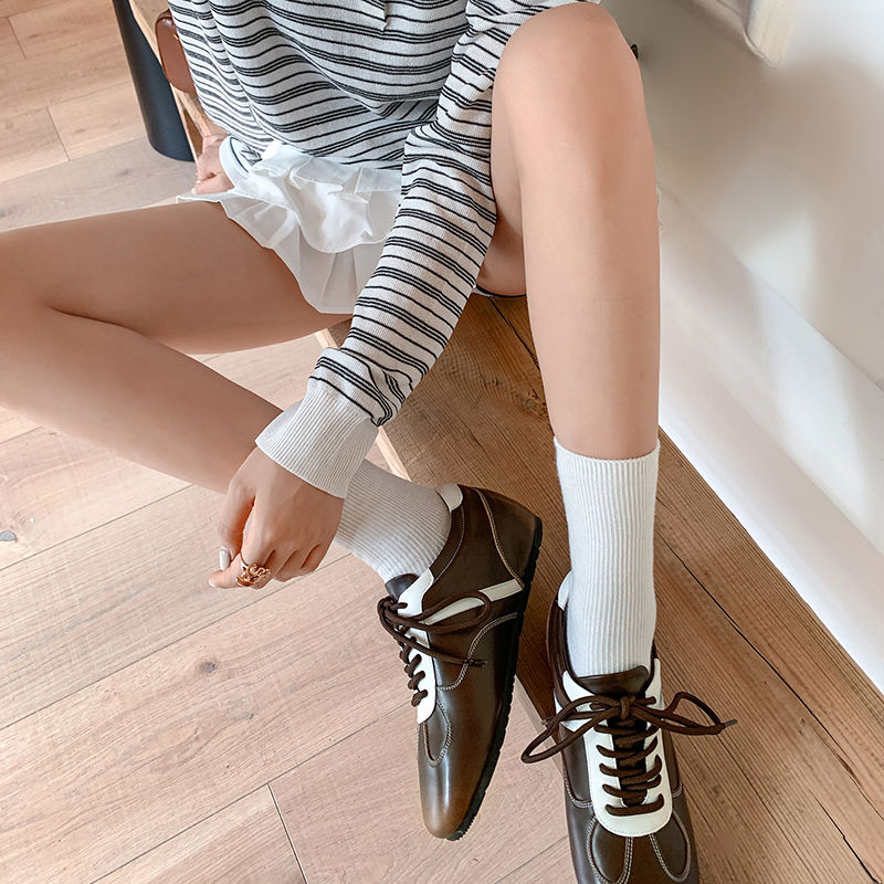 Women's Cowhide Sneakers Walking Hidden Heel Contrast Stripe Lace-up Derby