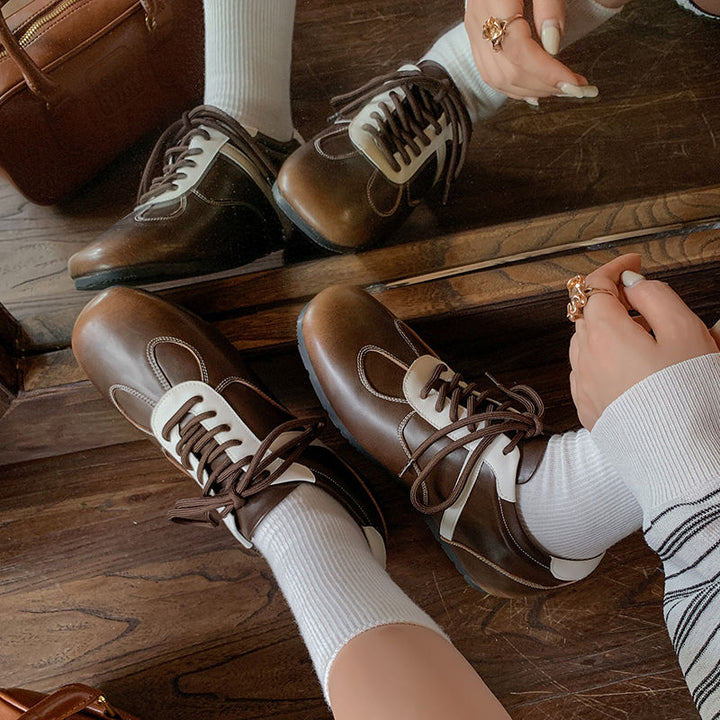Women's Cowhide Sneakers Walking Hidden Heel Contrast Stripe Lace-up Derby