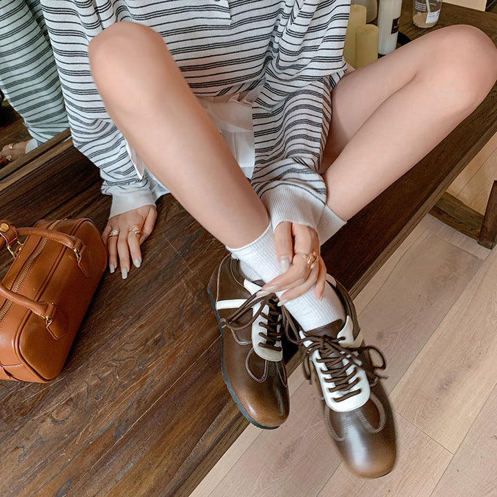 Women's Cowhide Sneakers Walking Hidden Heel Contrast Stripe Lace-up Derby