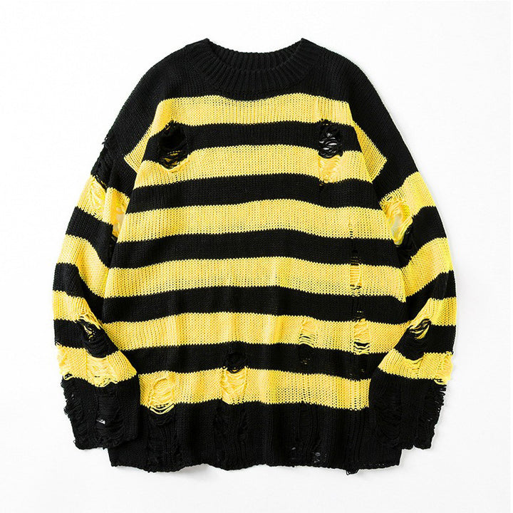 Fall Winter Striped Long Sleeve Crew Neck Ribbed Knit Oversized Pullover Sweater