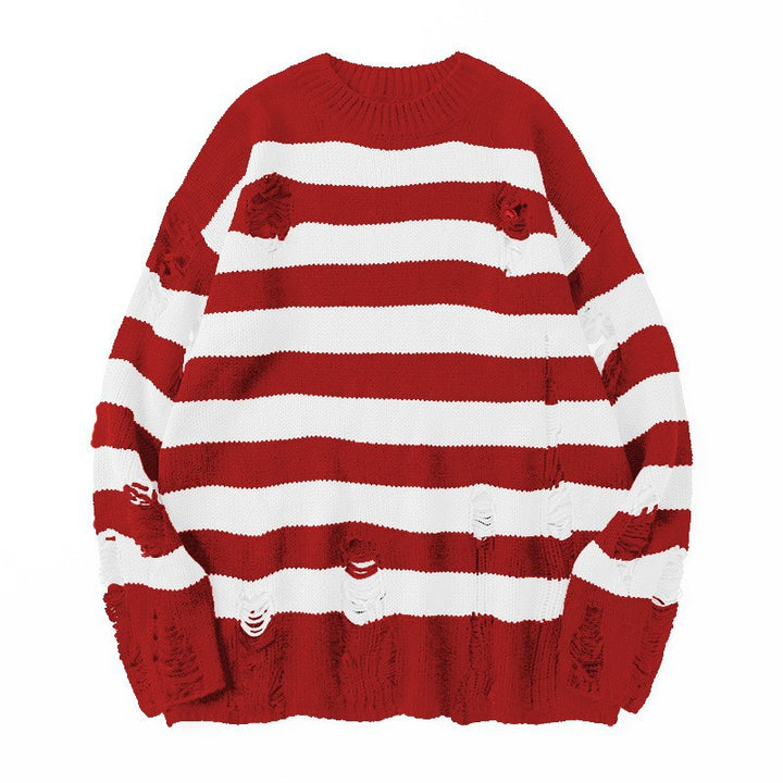 Fall Winter Striped Long Sleeve Crew Neck Ribbed Knit Oversized Pullover Sweater