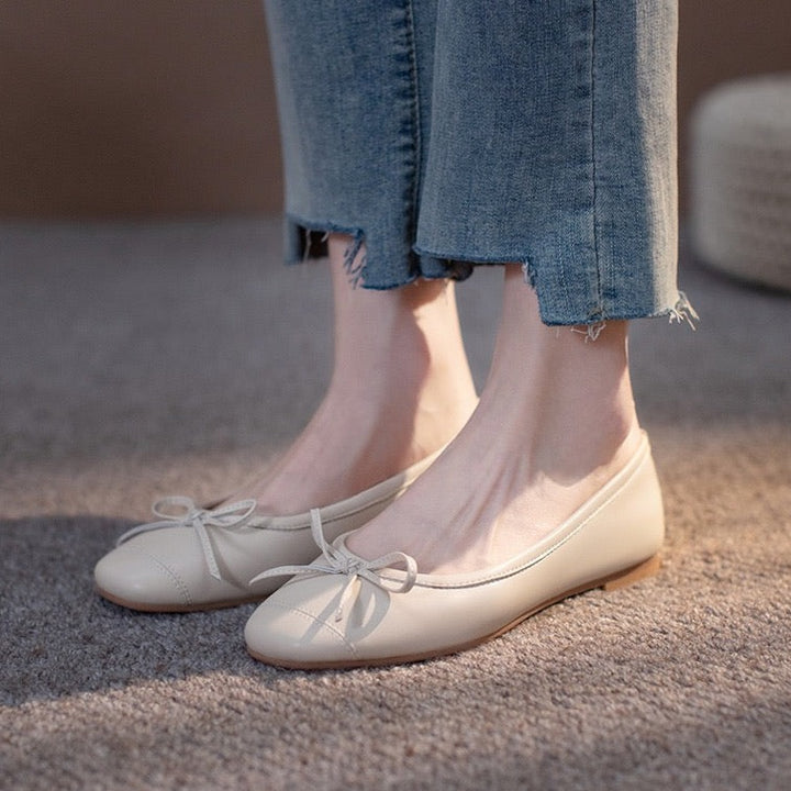 Women's Ballet Flats Shoes Leather Round Toe Bow Comfort Shoes