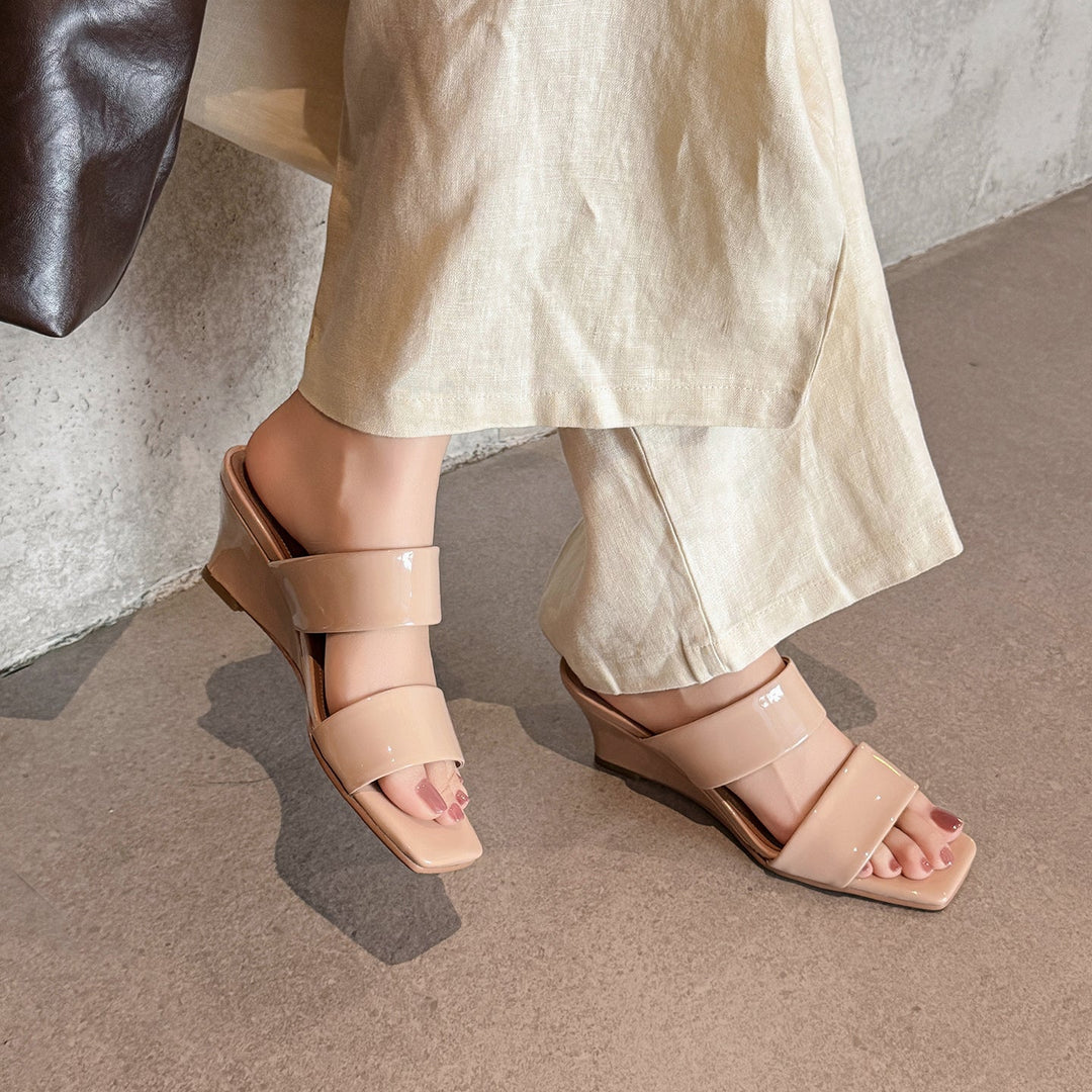 Women's Handcrafted Leather Premium Square Toe Wedge Heel Mules